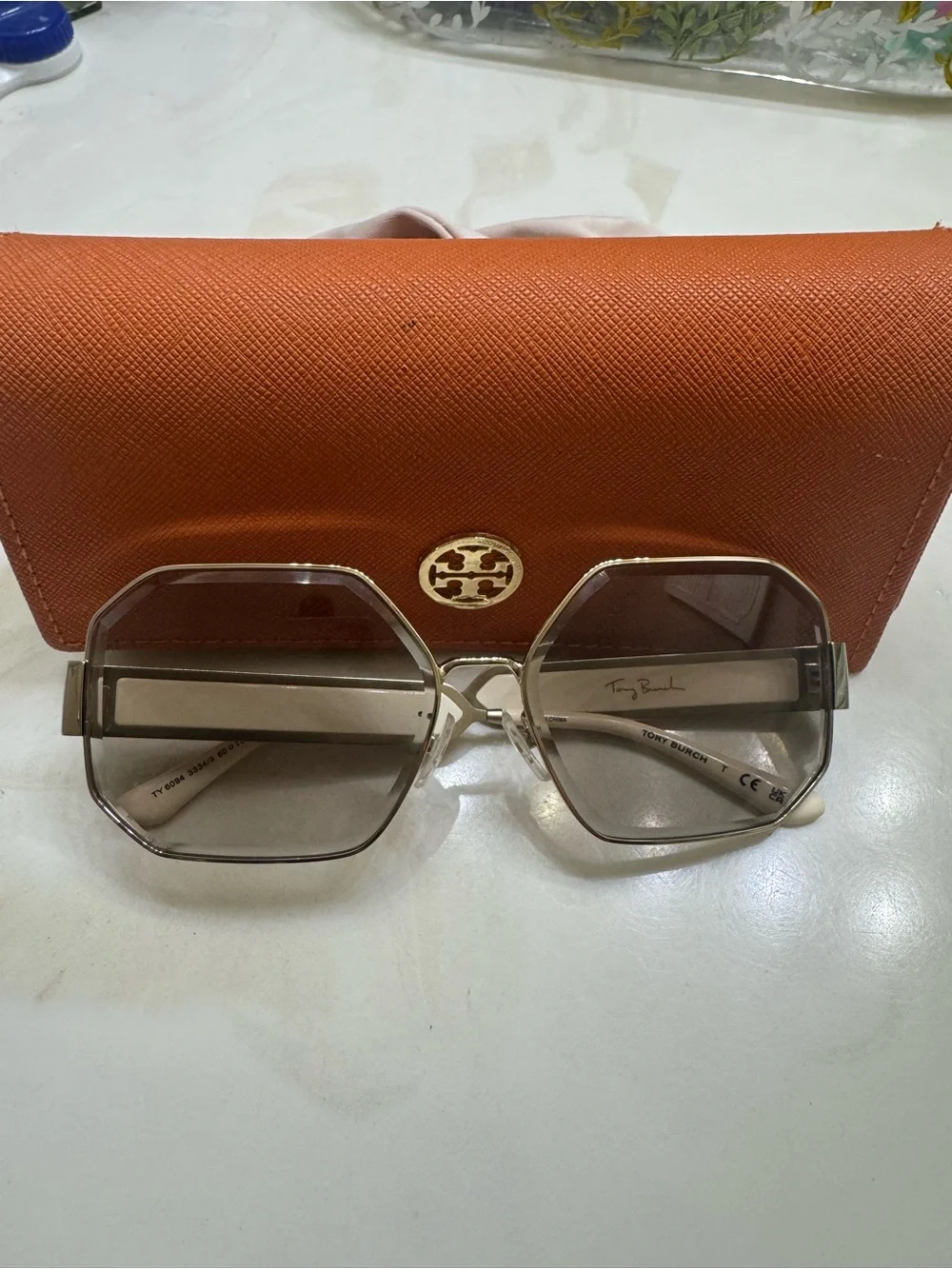 Tory Burch Beige-Tone Hexagon Sunglasses with Orange Case - Picture 1 of 5